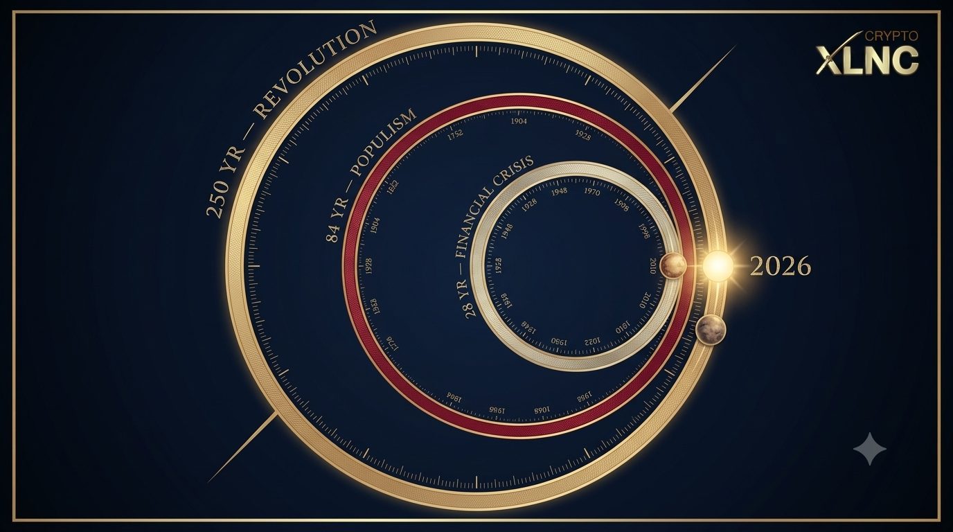 A celestial orrery of three concentric engraved rings: the 250-year revolutionary cycle outermost in gold, the 84-year populist cycle in crimson, and the 28-year financial crisis cycle innermost, all converging at a single glowing point marked 2026.
