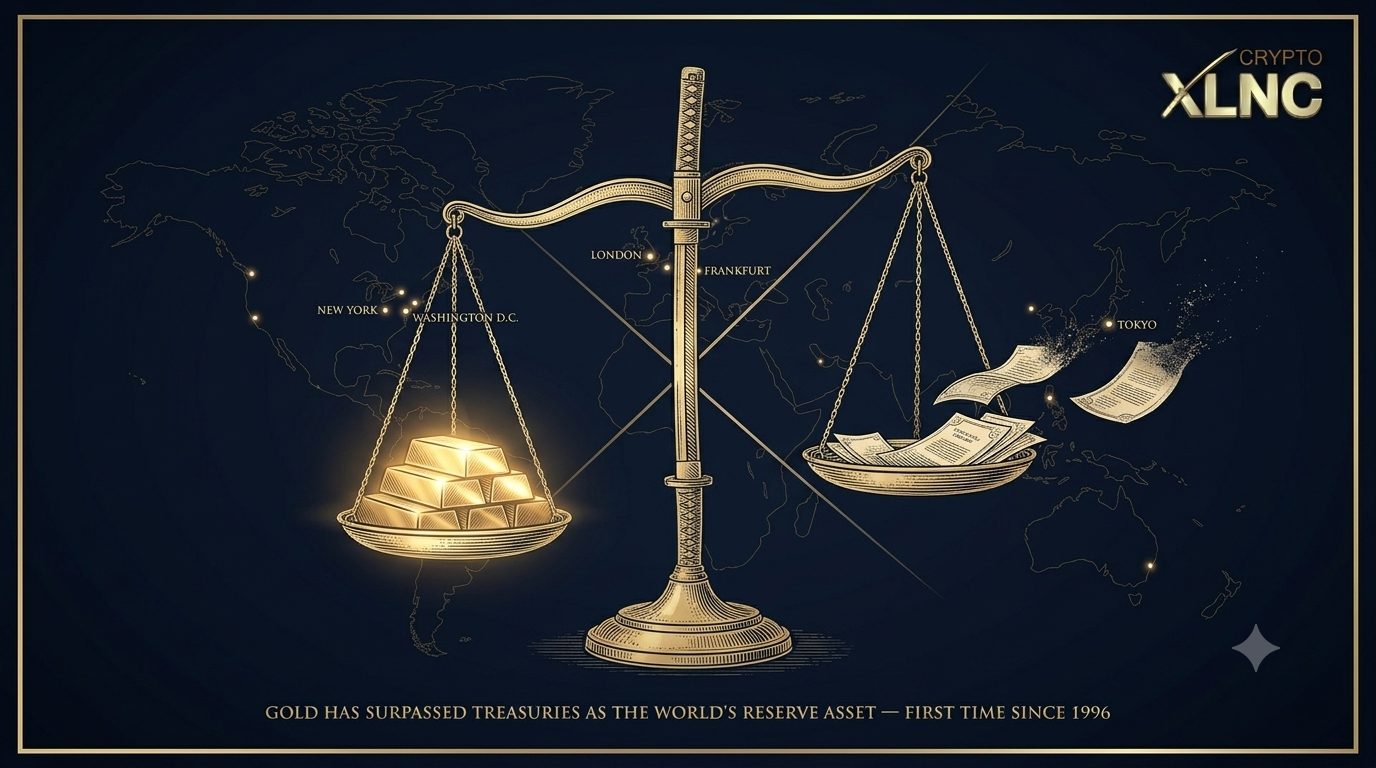 An engraved balance scale over a world map: a heavy pan of gold bars outweighing a pan of paper Treasury certificates, some blowing away. Beneath: GOLD HAS SURPASSED TREASURIES AS THE WORLD'S RESERVE ASSET, FIRST TIME SINCE 1996.