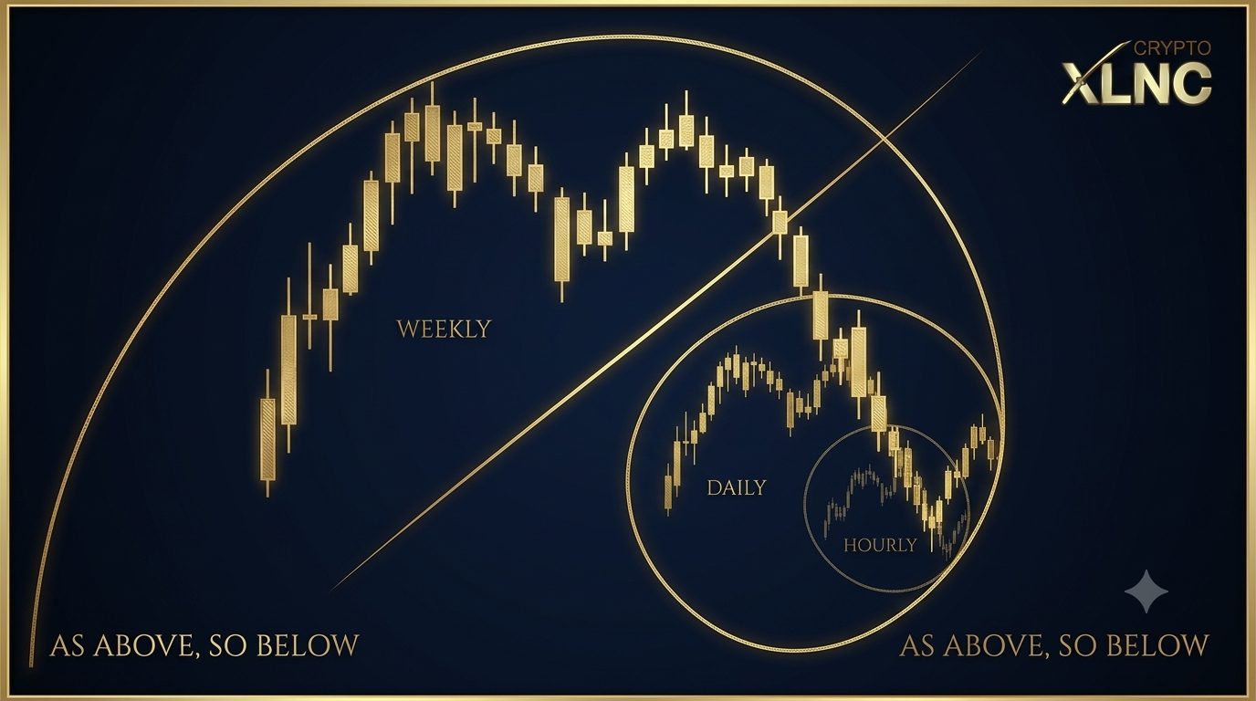 A golden Fibonacci spiral over nested candlestick charts on navy: a large weekly chart topping and rolling over, a circled daily chart repeating the same distribution and breakdown shape, and a smaller circled hourly chart repeating it again. In the corners: AS ABOVE, SO BELOW.
