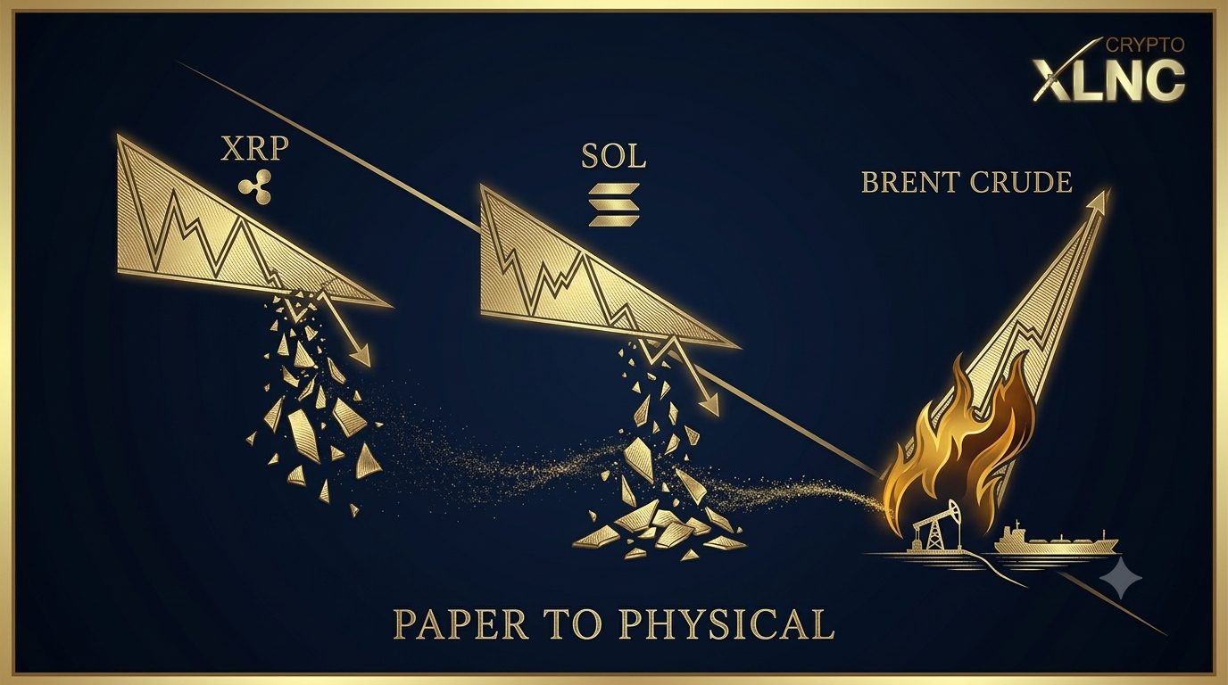 Three engraved gold wedge patterns on navy: an XRP wedge and a SOL wedge breaking downward and shattering into falling shards, their fragments streaming right into a Brent crude wedge that breaks upward in flame above an oil derrick and tanker. Beneath: PAPER TO PHYSICAL.