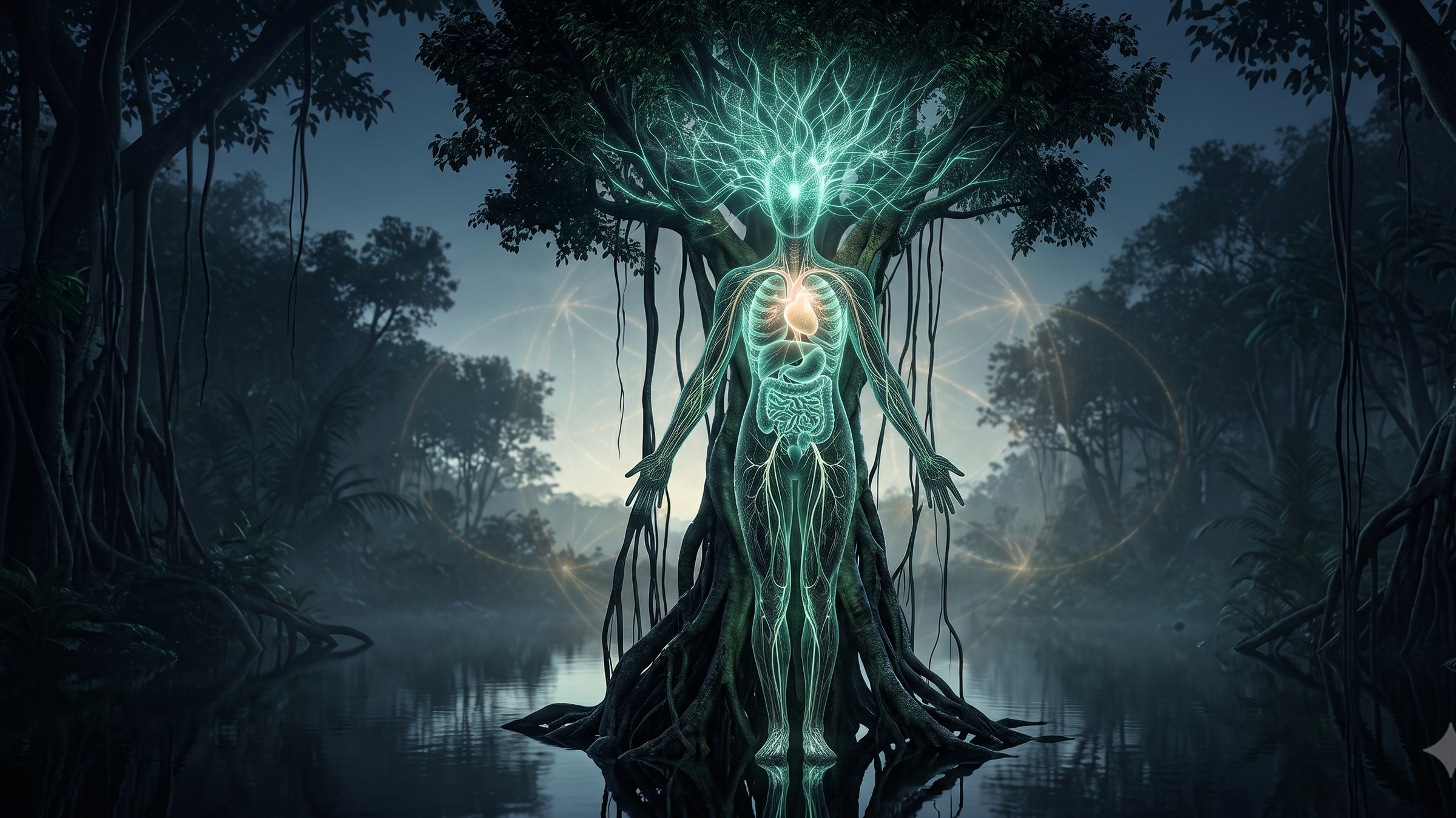 A living organism seen whole, part great banyan tree, part elegant anatomical figure made of light, standing in dark still jungle water at first light, its organs soft glowing clusters of bioluminescence connected by fine luminous veins.
