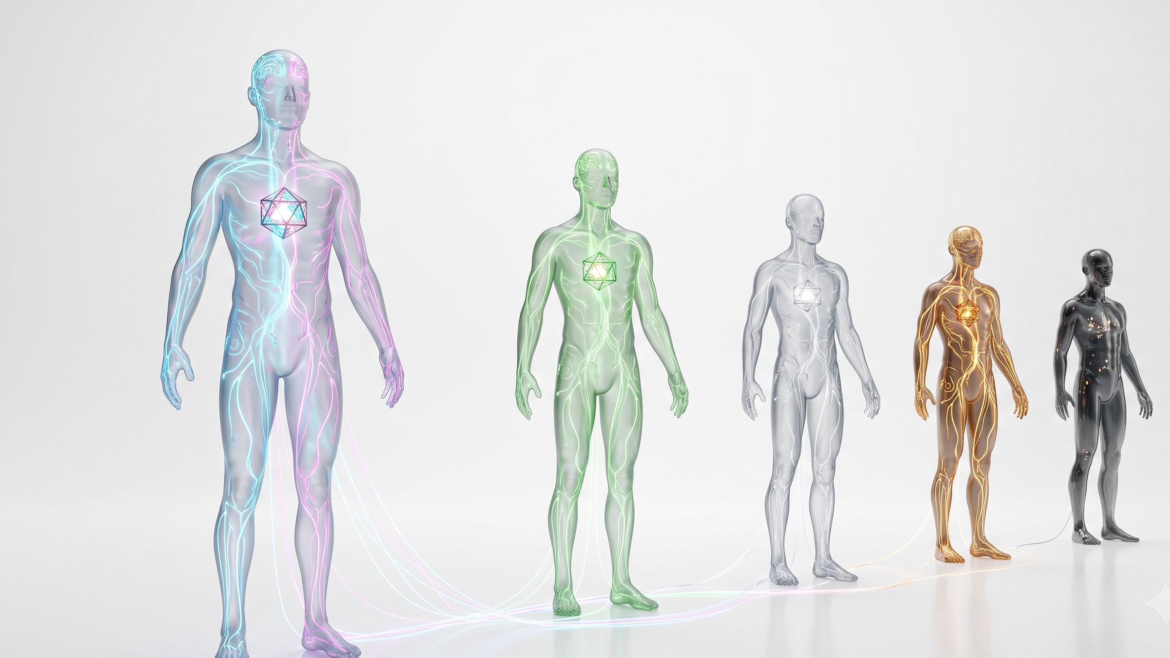 Five translucent glass human figures in a receding row. The tallest is fully awake with luminous circuit veins and a glowing icosahedron core; beside it, smaller figures in green, silver, and gold stages of awakening, and one still dark, just beginning. Threads of light run along the floor from the tall figure into each of the others.