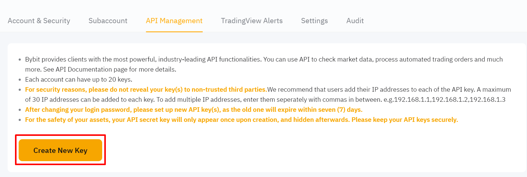 Bybit API Management page with the Create New Key button highlighted