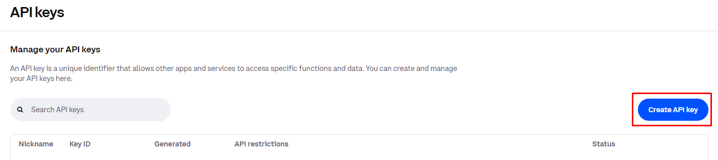 Coinbase API keys page with the Create API key button highlighted on the right