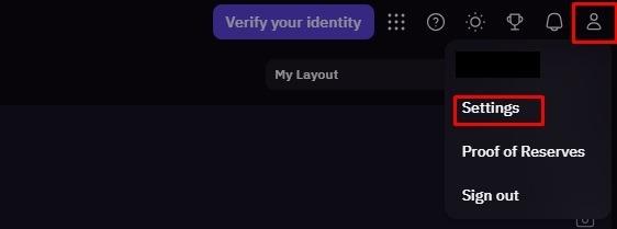 Kraken account menu opened from the profile icon in the top right, with Settings highlighted