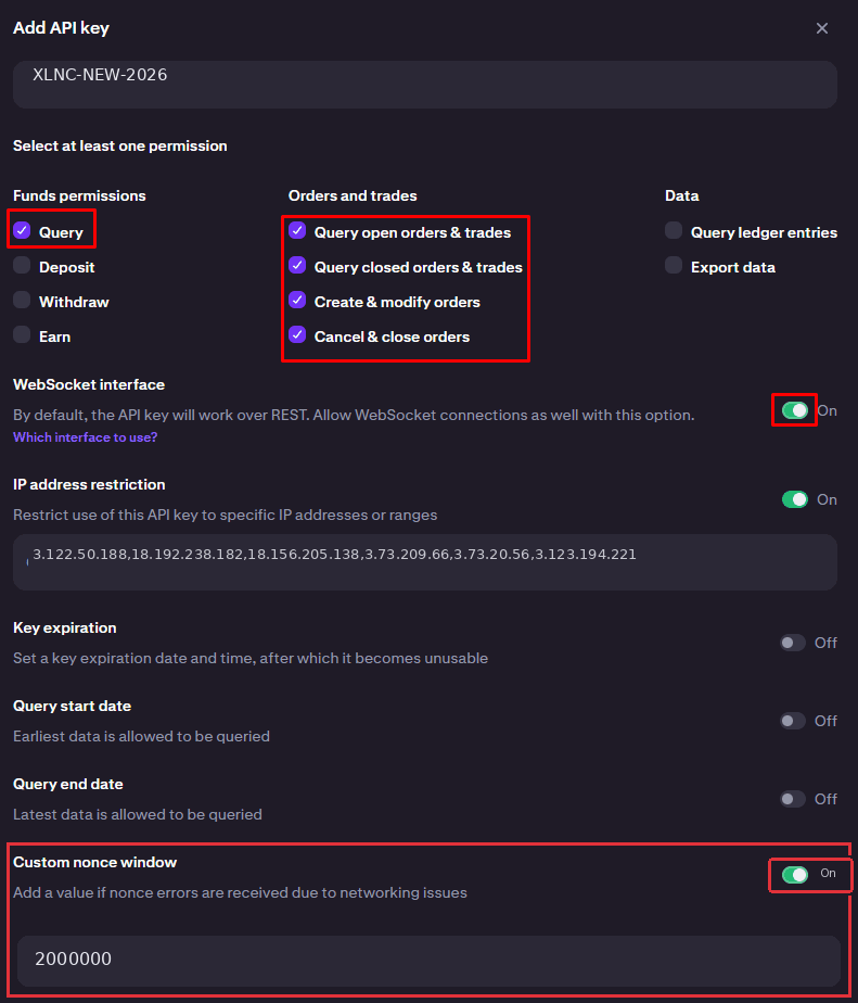 Kraken Add API key dialog filled in: name XLNC-NEW-2026, Query ticked under Funds permissions with Deposit, Withdraw and Earn unticked, all four Orders and trades permissions ticked, WebSocket interface On, IP address restriction On with the six XLNC server addresses pasted, and Custom nonce window On with 2000000 entered